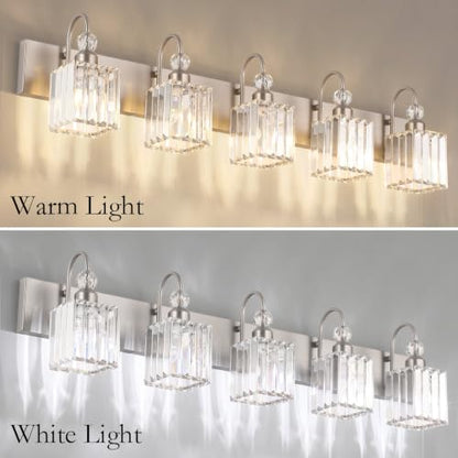 Ralbay Brushed Nickel Bathroom Vanity Light Crystal Modern 5 Light Bathroom Wall Lighting Fixtures Over Mirror - color: Square-Brushed Nickel, size: 5-light