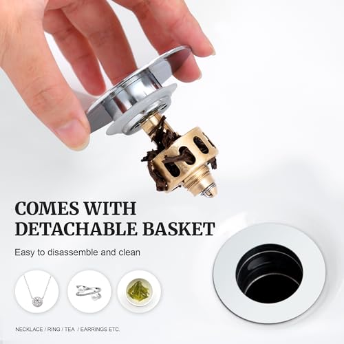 Pop up Sink Drain Stopper with Overflow Chrome for Bathroom Vessel Vanity Sink Art Basin, Big Cap Sink Drain with Overflow, Metal Pop-up Drain Strainer with Detachable Basket Stopper - color: Chrome, style: with overflow