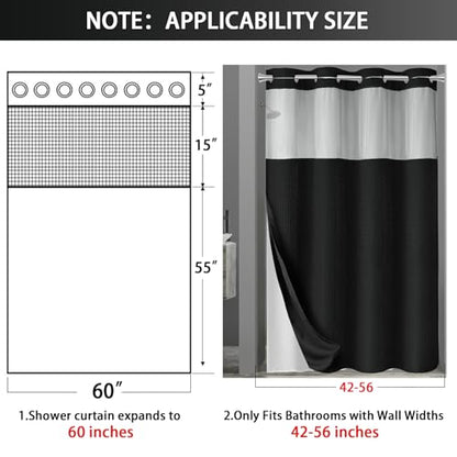 No Hook Shower Curtain with Liner Set Hotel Waffle Curtain Black 60W X 75L | Washable Snap in Fabric Liner, Mesh Top Window, Waffle Hotel Style Shower Curtain Set - color: Black, size: Stall 60"W x 75"L