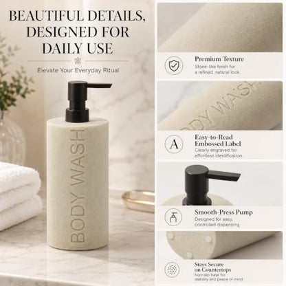Resin Tan Sandstone Body Wash Engraved Bottle Refillable Pump Dispenser, Durable Waterproof Resin Construction for Bath, Shower - Tan Sandstone, ORB Pump - color: Tan Sandstone Resin, Orb Pump - Body Wash