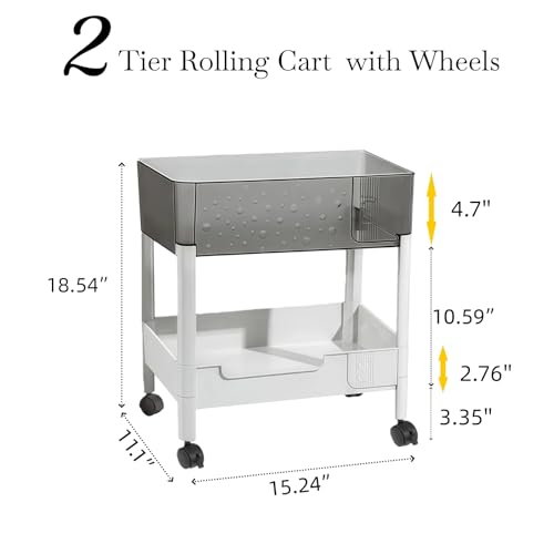 2 Tier Rolling Cart with Wheels for Under Desk Storage, Heavy Duty Plastic Short Small Utility Cart for Small Space Bathroom Vanity Makeup Organizer Pantry, 4.7'' Deep Baskets for Tall Bottles - size: 2-tier