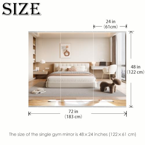 Gym Mirror 3 PCS 48 x 24 Inch (Each) | Tempered Glass Frameless,Large workout Mirror for Home Gym, Bedroom,Garage, Yoga, Dance - size: 48 x 24 Inches Each (3-Pack)