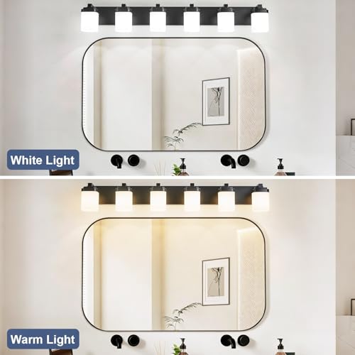 45 Inches Bathroom Vanity Light, 6-Light Black Bathroom Light Fixtures Over Mirror, Bathroom Light Shower Lamp with Milky White Square Glass Shade, Modern Farmhouse Lighting Fixtures - color: Black, size: 45 Inch : 6-lights