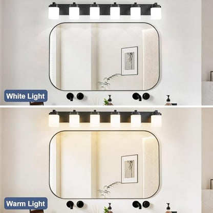 45 Inches Bathroom Vanity Light, 6-Light Black Bathroom Light Fixtures Over Mirror, Bathroom Light Shower Lamp with Milky White Square Glass Shade, Modern Farmhouse Lighting Fixtures - color: Black, size: 45 Inch : 6-lights