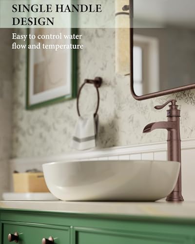 Vessel Sink Faucet Copper Tall Bathroom Faucets Waterfall Single Handle | 1 Hole Farmhouse Antique with Pop up Drain Assembly and Supply Lines Mixer Tap Without Overflow Counter Top by Homevacious - color: Copper