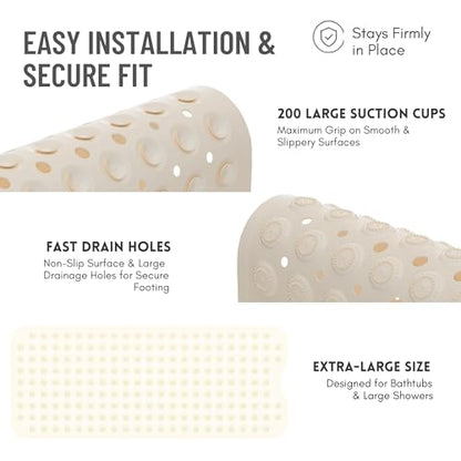 Bathtub Mat Non-Slip – 39" x 15.5" Extra Long Shower Mat with Suction Cups, BPA Free & Machine Washable, Textured Bath Mat for Tub, Ideal for Kids, Seniors & Pregnant Women, Cream - color: Cream