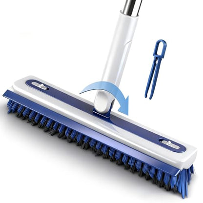 4-in-1 Floor Scrub Brush with Long Handle V-Shaped Crevice Brush Floor Scrubber Mop with Squeegee and Tweezer for Cleaning Gap Tile Bathroom Kitchen Patio Deck Garage