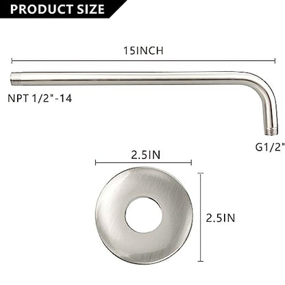 Voolan Shower Arm with Flange and Teflon Tape, Extension Shower Head Arm for Bathroom Fixed Shower Head, Solid Stainless Steel, Wall Mounted (15 Inch,Brushed Nickel) - color: Brushed Nickel, style: 15 Inch