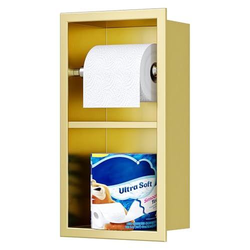 Qeke Recessed Toilet Paper Holder, Dual Rolls Tissue Toilet Holder, Golden | 304 Stainless Steel, Rustproof & Durable, Space-saving, in Wall Tissue Holder for Bathroom & RV - color: Brushed Golden