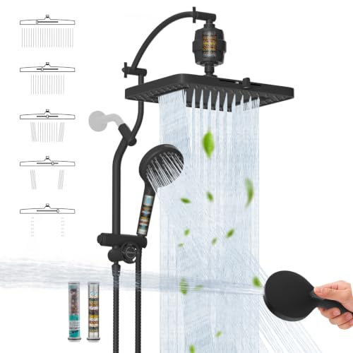 Hibbent 13" Filtered Shower Head & Filtered 10-Mode Handheld Combo, Black | High Pressure 5-Spray Showerhead, 4-way Diverter, Heightened All Metal Extension Arm, 3 Filter Cartridges, Easy Reach - color: Matte Black, style: Square 13" with 2 filter