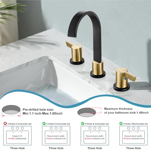 Midanya 8 Inch Widespread Bathroom Sink Faucet 3 Hole,Black and Gold Handle | Waterfall Swivel Spout,2 Handle,SUS304,with Pop Up Drain,cUPC 24" Water Hose,for 6-16” hole distance vanity,RV,Farmhouse Sink - color: Black/Gold Handle