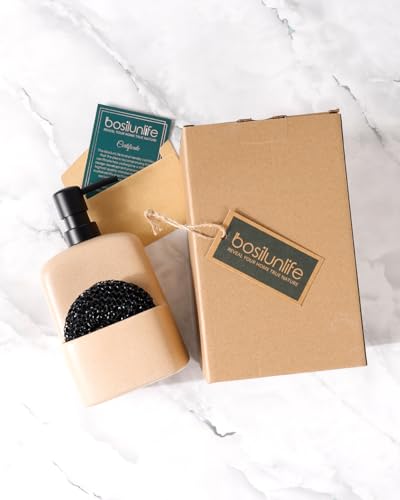BosilunLife Dish Soap Dispenser - Linen Beige Ceramic Kitchen Soap Dispenser with Sponge Holder Matte Ceramic Soap Daddy Dispenser 20oz for Kitchen Soap Pump and Sponges Caddy - color: Linen Beige