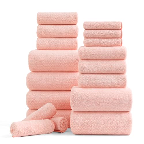 Ycosy 18 Piece Bath Towels Set,100% Microfiber Family Bathroom Towel with Hanging Loops-6 Bath Towels,6 Hand Towels,6 Washcloths,Quick Dry Highly Absorbent Shower Towel for Bathroom,Hotel,Spa-Pink - color: Pink, size: 18 Piece Towel Set