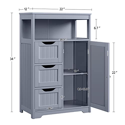 Topeakmart Wood Bathroom Floor Cabinet, Free Standing Storage Cabinet with 3 Drawers and Cupboard, for Hallway/Entryway/Living Room Accent Furniture, Gray - color: Grey