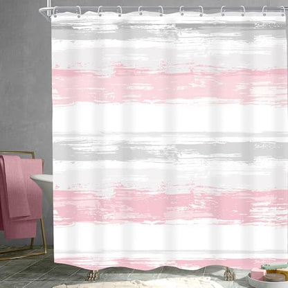 Abstract Gray Pink Women Modern Striped Neutral Bathroom Shower Curtain Set | 72Wx72H Geometric Watercolor design, waterproof HD print with fast-drying fabric and 12 hooks. - color: A3-pink Grey, size: 72"W x 72"L (Pack of 1)