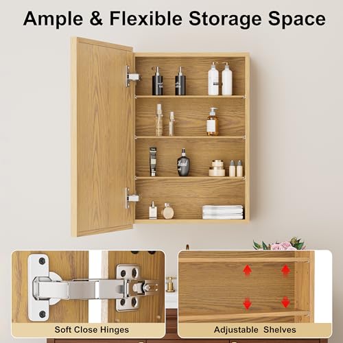 24x30 Inch Wood Medicine Cabinet with Mirror for Bathroom, Oak Finish | Recessed or Wall Mounted Cabinets, Adjustable Shelf, Soft-close Hinges, HD Reflection, Reversible Installation - size: 24x30