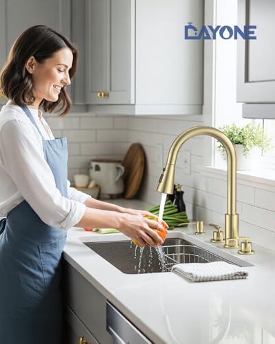 DAYONE 2 Handle Kitchen Faucet with Pull Down Sprayer, 4 Hole Sink Faucets with Separate Handle for Kitchen RV Laundry Bar, 3 Modes, SUS304 Stainless Steel, Brushed Gold - color: Brushed Gold, style: 2-handle