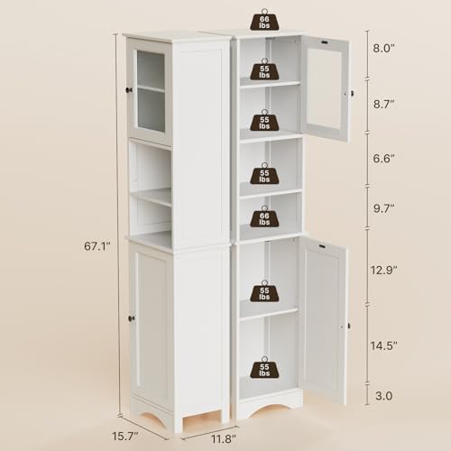 Gizoon White Bathroom Storage Cabinet Combo | Freestanding Tall Linen Tower + Floor Bathroom Cabinet with Adjustable Shelves, Multipurpose Organizer for Laundry, Kitchen