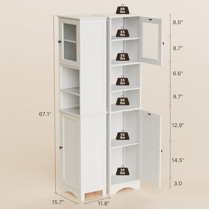 Gizoon White Bathroom Storage Cabinet Combo | Freestanding Tall Linen Tower + Floor Bathroom Cabinet with Adjustable Shelves, Multipurpose Organizer for Laundry, Kitchen