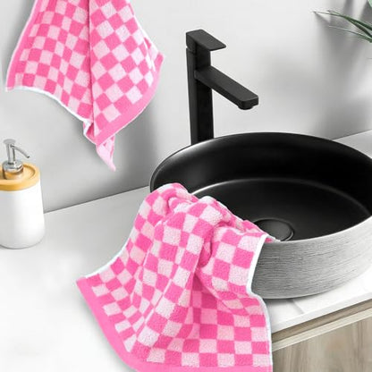 Pink Checkered Washcloths 12 Pack, Cotton Face Cloths for Bathroom | 13" x 13" Aesthetice Wash Cloths - color: Pink