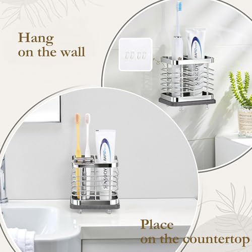 Shinowa Toothbrush Holder Wall Mounted for Bathroom 2 Slots, Silver | Stainless Steel Electric Toothbrush Toothpaste Holder with Fast Dry Tray, Adhesive and Countertop Bathroom Accessories - color: Silver