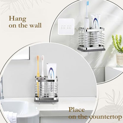 Shinowa Toothbrush Holder Wall Mounted for Bathroom 2 Slots, Silver | Stainless Steel Electric Toothbrush Toothpaste Holder with Fast Dry Tray, Adhesive and Countertop Bathroom Accessories - color: Silver