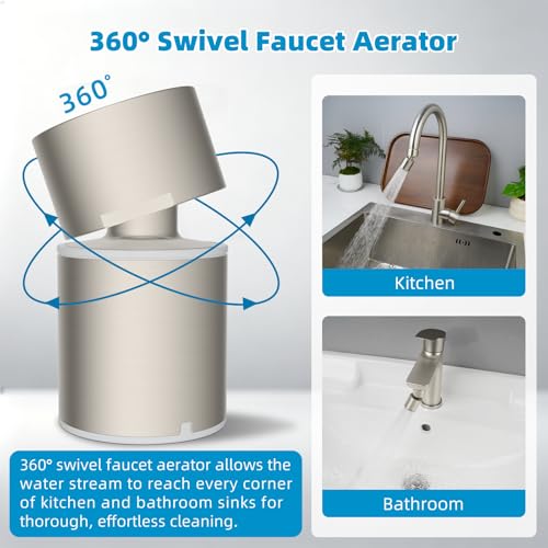 Hibbent cUPC Certified 2-function 360° Swivel Sink Aerator, Brushed Nickel | NSF/ANSI/CAN 61 Certified High Flow Faucet Extender with Metal Adapter for Kitchen & Bathroom, 55/64” Female Thread - color: Brushed Nickel
