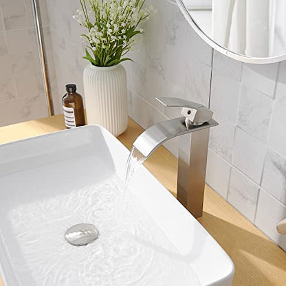 Brushed Nickel Bathroom Vessel Sink Faucet Modern Waterfall Vessel Faucet | Stainless Steel Tall 1 Hole Single Handle Vanity Lavatory Modern Commercial Mixer Tap With Pop Up Drain by BATHLAVISH - color: Brushed Nickel, size: Modern Vessel Sink Faucet
