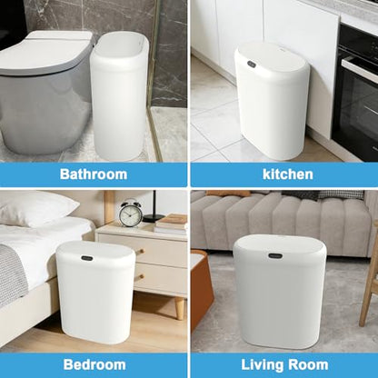Naisu 4 Gallon Automatic Sensor Trash Can with Lid, 2 Pack Sealed Slim Design Waterproof Bathroom & Kitchen Garbage Bin, Motion Sensor Technology, Ideal for Small Spaces (White)