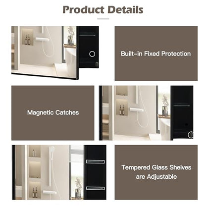Arched Medicine Cabinet, Recessed Medicine Cabinet Surface Mount Medicine Cabinet with Mirror and Adjustable Shelves Medicine Cabinet Wall Mounted Bathroom Mirror Cabinet, 24x36 Inch (Black) - color: Black