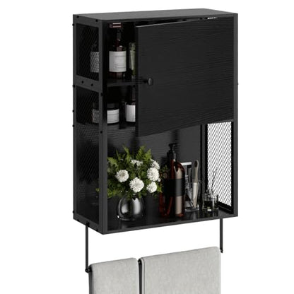 ETELI Small Bathroom Wall Cabinet Bathroom Storage Cabinet Wall Mounted with Door 3 Tier Medicine Cabinet Hanging Bathroom Storage Shelf Over Toilet with Towel Bar for Small Space Bathroom, Black
