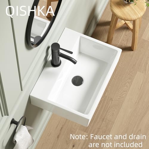 Wall Mounted Bathroom Vessel Sink, QISHKA 19" X 14" Rectangular Floating Ceramic Wash Hand Basin White Wall Hung Vanity Sink for Bathroom and Cloakroom - size: 19.3" x 14" x 5.1"