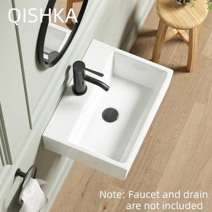 Wall Mounted Bathroom Vessel Sink, QISHKA 19" X 14" Rectangular Floating Ceramic Wash Hand Basin White Wall Hung Vanity Sink for Bathroom and Cloakroom - size: 19.3" x 14" x 5.1"