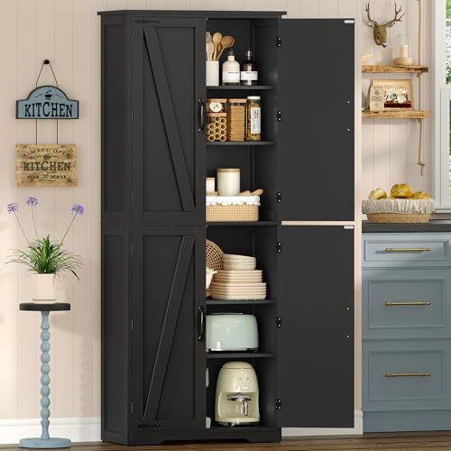 Tall Storage Cabinet, Kitchen Cabinet with 4 Shelves, Adjustable Shelves, Pantry Cabinets with 4 Barn Doors, Tall Kitchen Cabinets for Dining Room, Living Room, Black - color: Black 4 Doors