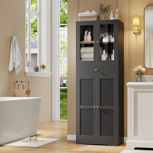 Space-Saving 67 Inch Bathroom Linen Cabinet,Freestanding Tall Storage Tower with Adjustable Shelves & Glass Doors for Bathroom, Kitchen, Hallway Organization (Black)