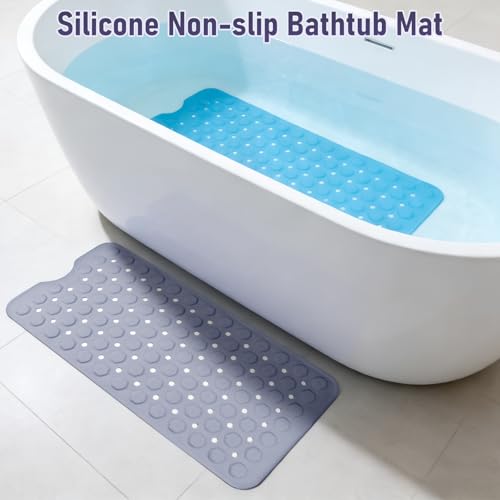 Bath Mat for Tub Non Slip 35*16 In, Silicone Anti Slip Shower Mat Bathtub Acupressure Relief for Kids Elderly Machine Washable with Antislip Textured Safety Strong Suction Cups & Drain Holes Easy Dry - color: Purple