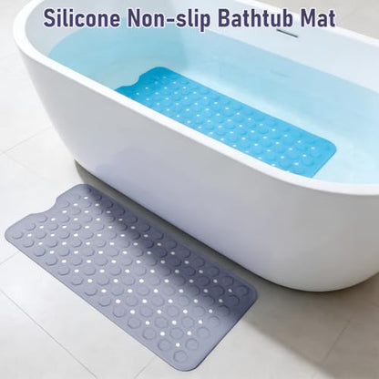 Bath Mat for Tub Non Slip 35*16 In, Silicone Anti Slip Shower Mat Bathtub Acupressure Relief for Kids Elderly Machine Washable with Antislip Textured Safety Strong Suction Cups & Drain Holes Easy Dry - color: Purple