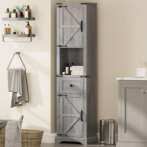 Vabches 66" Tall Farmhouse Bathroom Storage Cabinet with Barn Doors, Grey | Narrow Storage Unit with Drawer, Adjustable Shelves & 5-Tier Space, Freestanding Cabinet for Bathroom, Entryway, Kitchen - color: Grey