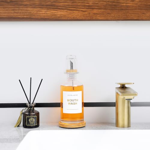 11.8OZ Glass Mouthwash Dispenser, Clear | Stainless Steel & Bamboo Nozzle, Reusable Mouthwash Cup, Bamboo Tray, Elegant Gold Sticker - color: Clear/350*1