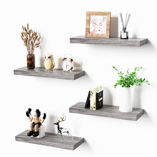 Bellsal Floating Shelves for Wall, Gray Engineered Wood Wall Shelf Set of 4, 16" Walls Mounted Floating Shelf for Kitchen, Living Room, Bedroom, Bathroom Storage, Book Shelfs for Home Decor - color: Washed Gray, size: 4 pcs: 15.7*5.7