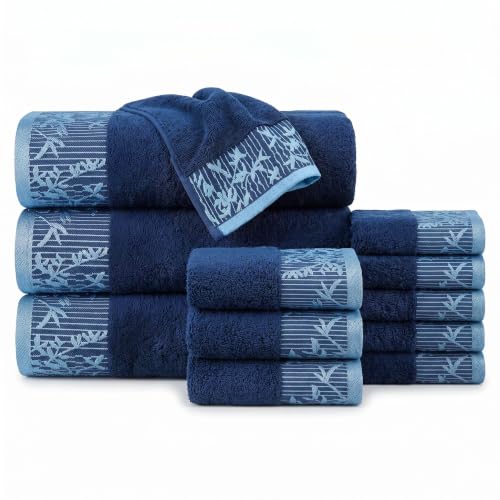 Superior Floral Jaquard Cotton Bathroom Towels, 12pc Towel Set, Navy Blue | Soft Absorbent Quick Dry Terry Weave, Hotel Quality, Wisteria Towels Includes 3 Bath Towels, 3 Hand Towels, 6 Washcloths - color: Navy Blue, size: 12 Piece Towel Set