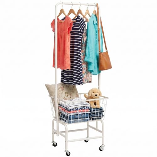 ALIMORDEN Rolling Laundry Cart with Hanging Rack & Metal Basket, White | 360° Lockable Casters, Wire Laundry Basket Cart, Hanging Rack, Powder Coated Frame for Laundry Room & Bedroom Storage - color: White