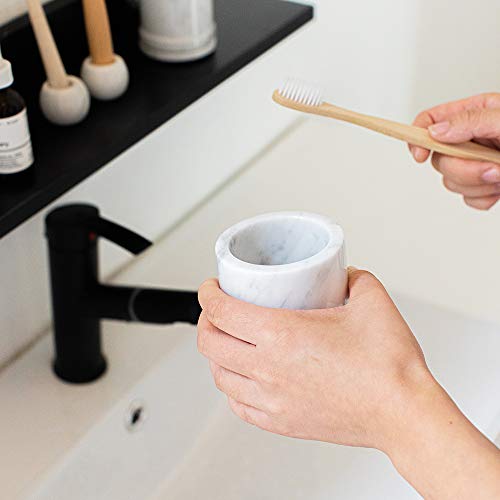 Marble Toothbrush Holder Makeup Brush Stand Bathroom Countertop Organizer | 100% Genuine Natural Marble, Durable and Sturdy, SPA Luxury Tumbler, Easy to clean, Multi-use Storage Cup, Non-slip Pads