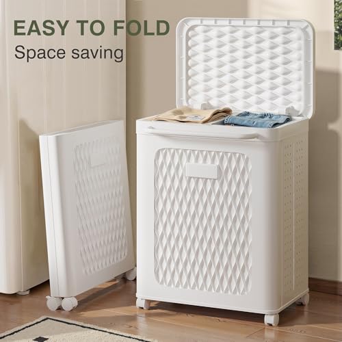 VECELO Rolling Laundry Hamper with Wheels and Lid, Foldable Plastic Laundry Basket with Handle, Rolling Divided Laundry Cart for Small Spaces, Laundry, Bathroom, Bedroom, White - color: White