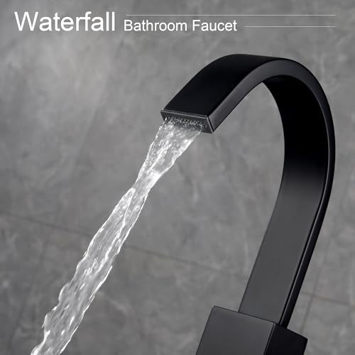 Matte Black Bathroom Faucet Waterfall Faucet Bathroom Vanity with 360 Degree Swivel Spout, Single Hole Bar Sink Faucet with Hose and 6 "Deck Plate,SL5004BK - color: Matte Black, size: Short