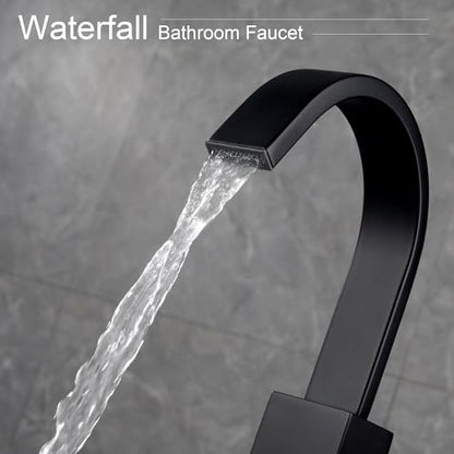 Matte Black Bathroom Faucet Waterfall Faucet Bathroom Vanity with 360 Degree Swivel Spout, Single Hole Bar Sink Faucet with Hose and 6 "Deck Plate,SL5004BK - color: Matte Black, size: Short