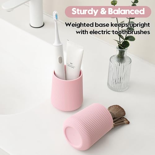 YAUKPH Pink Striped Toothbrush Holder | for Electric Toothbrushes Bathroom Organizer Cup for Toothpaste Kids & Adults - color: Pink Ribbed