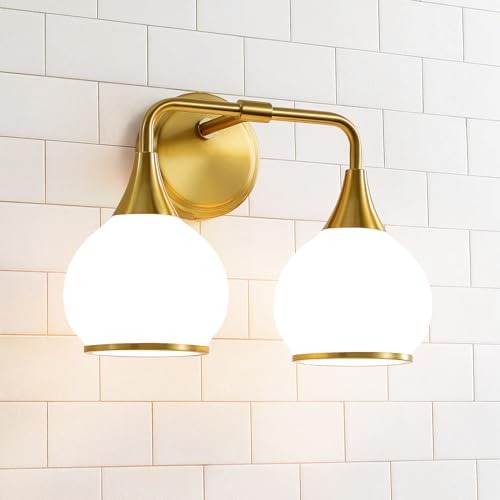 Brushed Gold Bathroom Light Fixtures 2-Lights Vanity Lights with Milky White Frosted Glass Shade Bathroom Vanity Light 14 inch Wall Sconce Lighting Bath(Exclude E26 Bulb) - color: Gold & Milky White, size: 2 Light