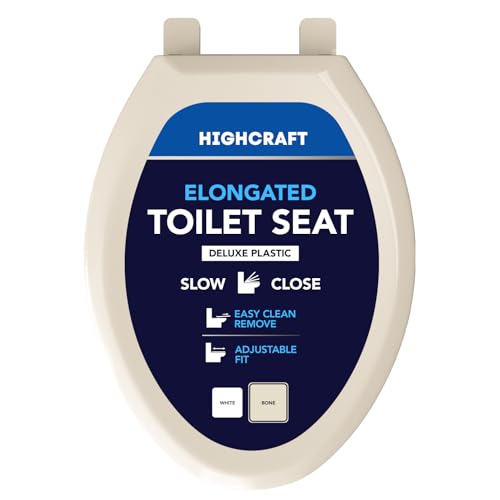 HIGHCRAFT Premium Elongated Toilet Seat with Slow-Close Design, Adjustable Hinges & Quick Removal Mechanism - Molded Plastic Toilet Seat - Fits Standard Elongated Toilets - Oval Seat in Bone/Beige - color: Bone, size: Elongated