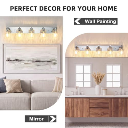 5-Light Bathroom Light Fixtures Modern Chrome Vanity Lights | Easy to Install Clear Hammered Glass Shades, Rippled Glow, Wall Mount Up or Down, E26 Socket, Hardwired, 120V - color: Chrome Hammer, size: 5 Lights